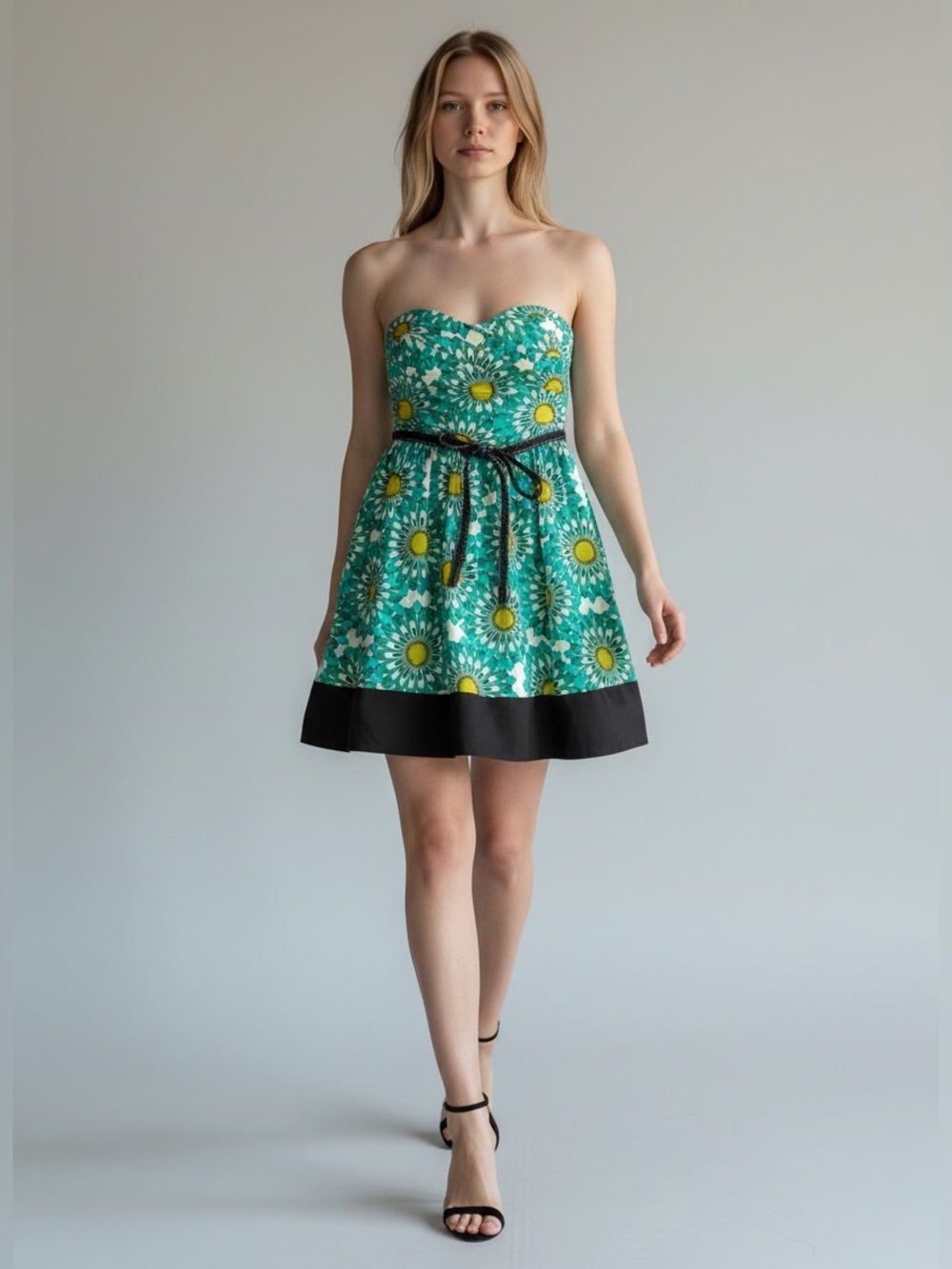 Trixxi Strapless Fit & Flare Dress Sweetheart  Neck Green Black Floral Size XXS